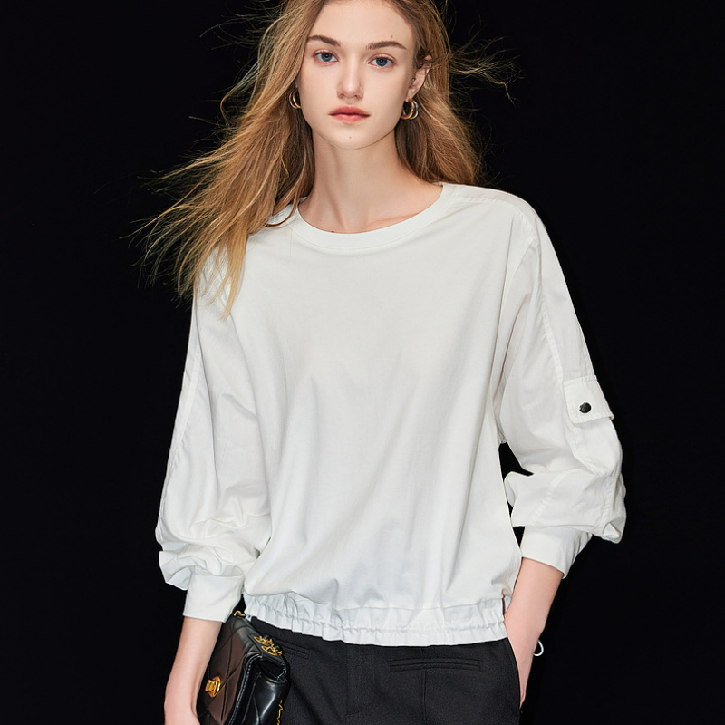 簡約風通勤工裝口袋時尚拼接襯衫下擺鬆緊襯衣