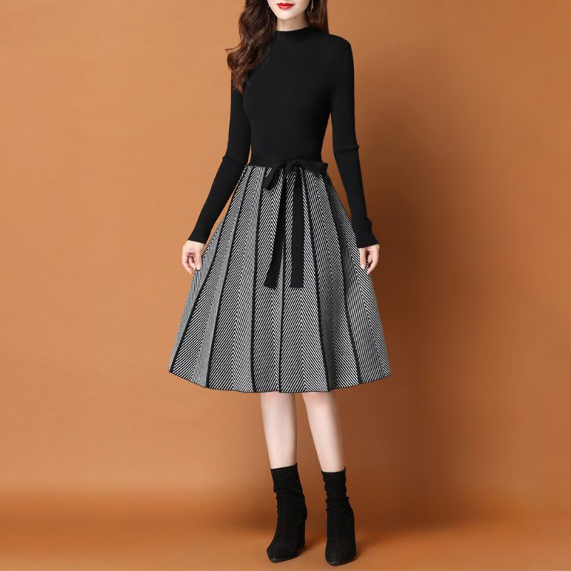 氣質撞色收腰可單穿配大衣長款針織連身裙