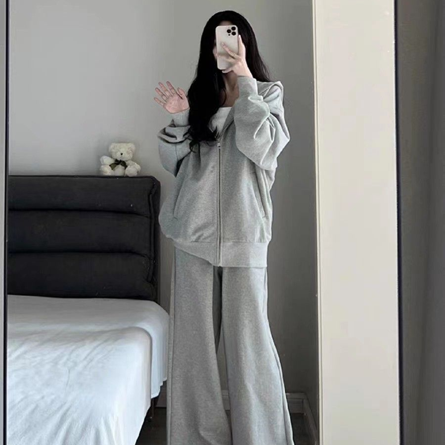 【整套】慵懶風連帽開衫+寬鬆休閑運動褲兩件套裝-Cicimode