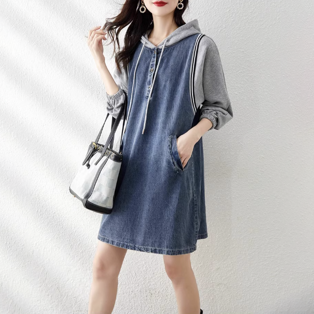 寬鬆顯瘦設計感拼接長袖連帽牛仔連身裙-Cicimode
