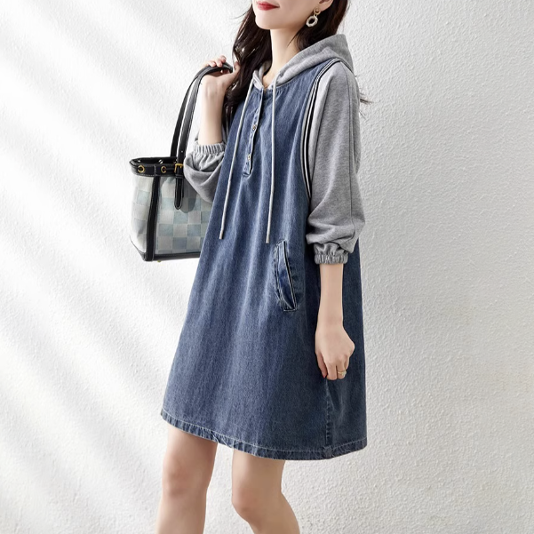 寬鬆顯瘦設計感拼接長袖連帽牛仔連身裙-Cicimode