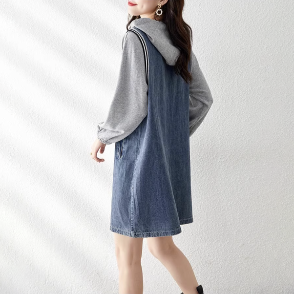 寬鬆顯瘦設計感拼接長袖連帽牛仔連身裙-Cicimode