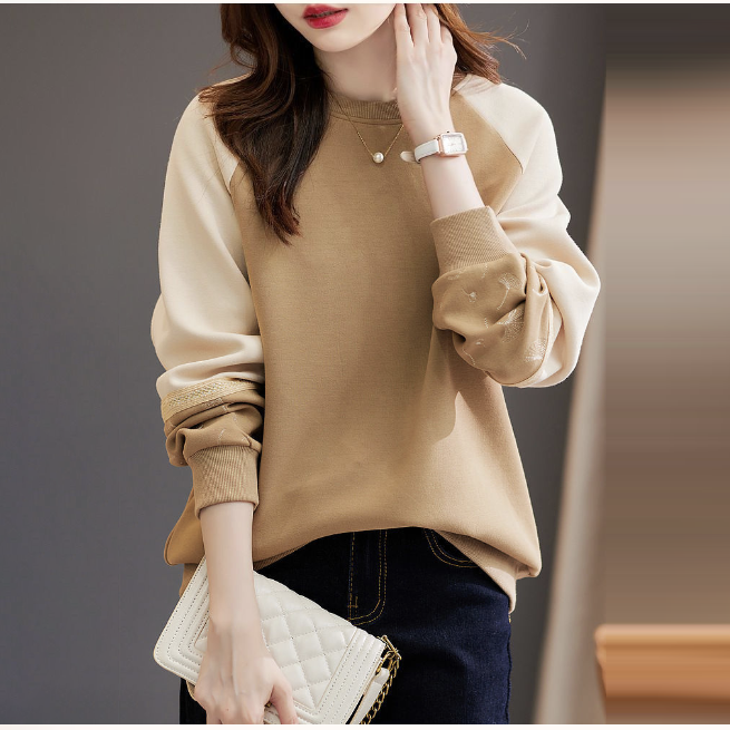 3色時尚休閒氣質撞色圓領刺繡純棉衛衣-Cicimode