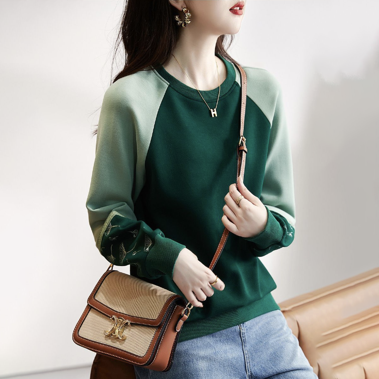 3色時尚休閒氣質撞色圓領刺繡純棉衛衣-Cicimode