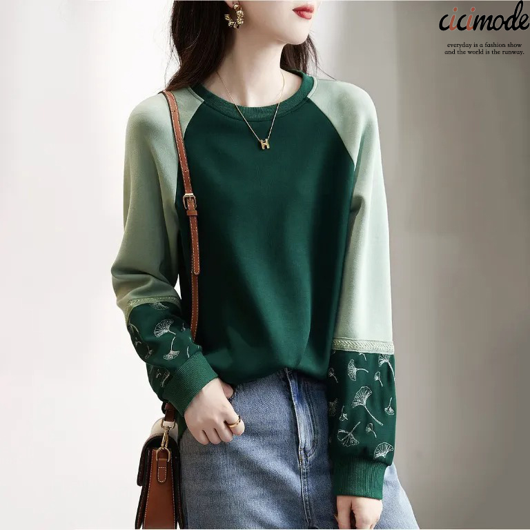 3色時尚休閒氣質撞色圓領刺繡純棉衛衣-Cicimode