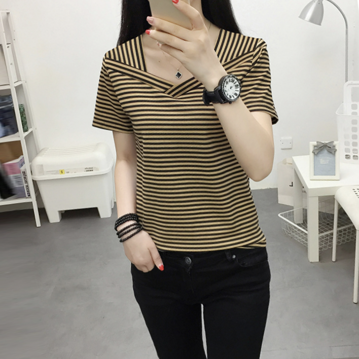 百搭條紋簡約舒適修身短袖T恤-Cicimode