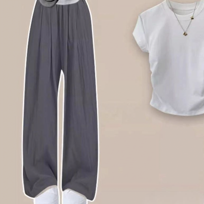 【單件/套裝】韓系簡約百搭純棉正肩T恤+寬鬆闊腿褲兩件套裝-Cicimode