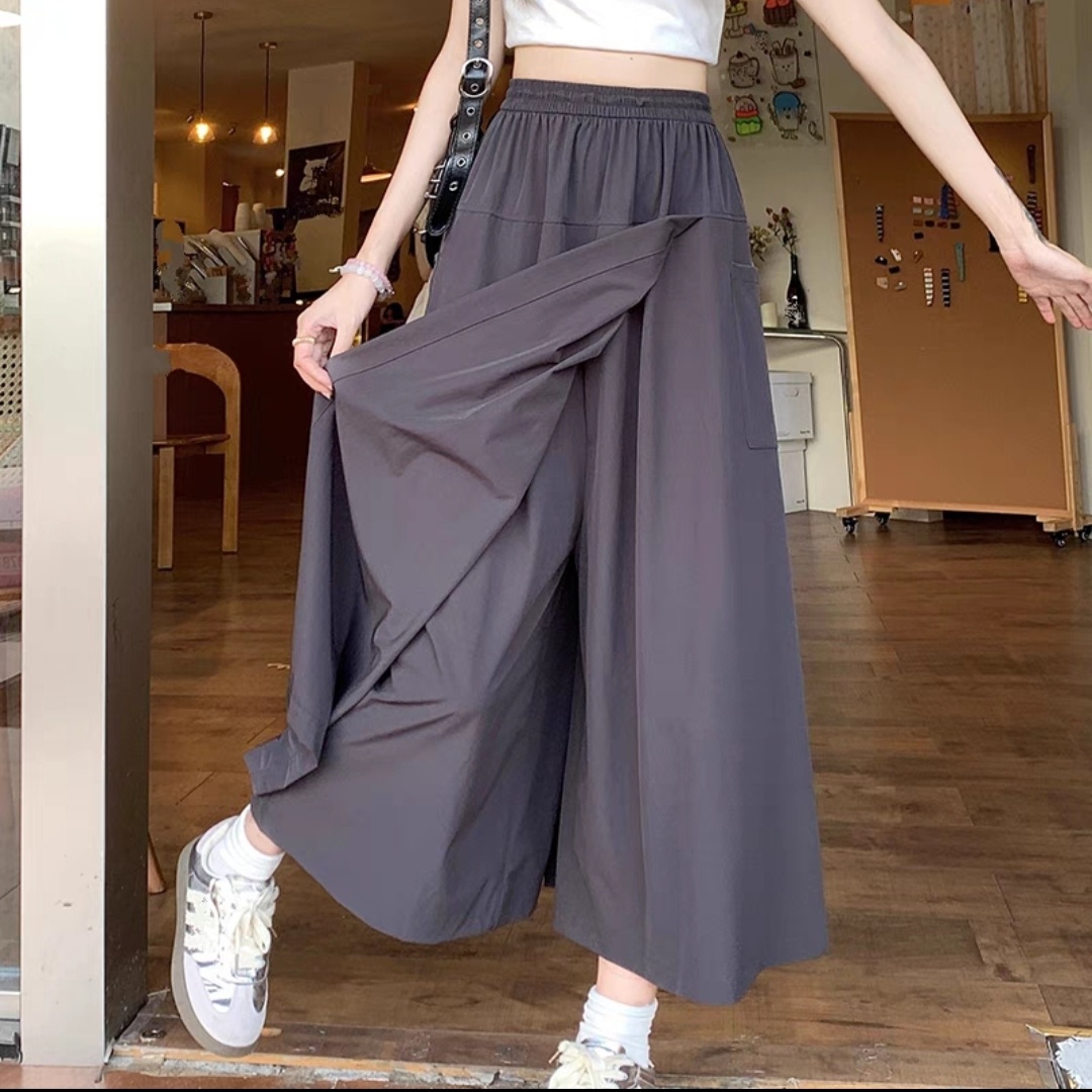 高腰寬鬆休閒九分直筒闊腿設計感拼接褲裙-Cicimode