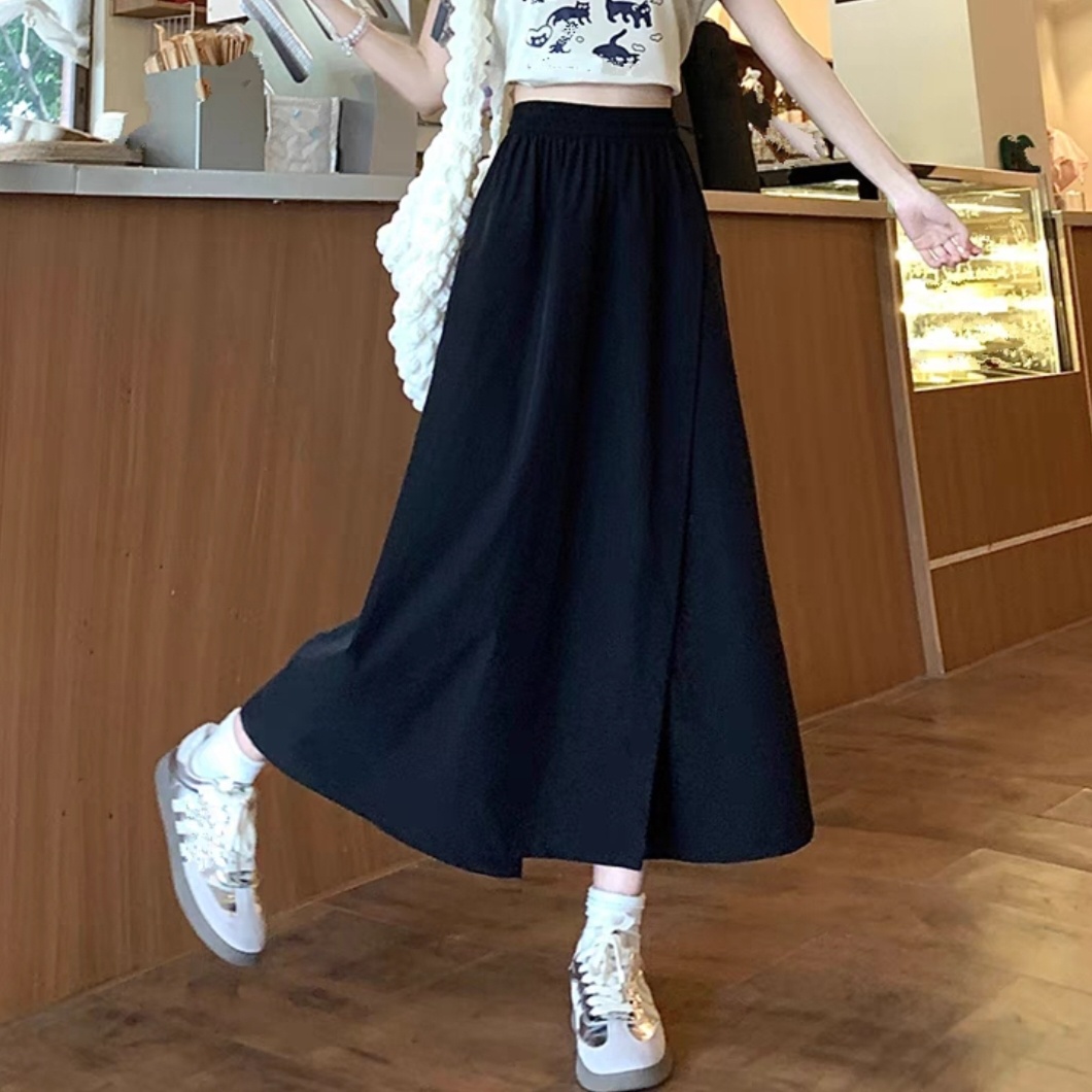 高腰寬鬆休閒九分直筒闊腿設計感拼接褲裙-Cicimode