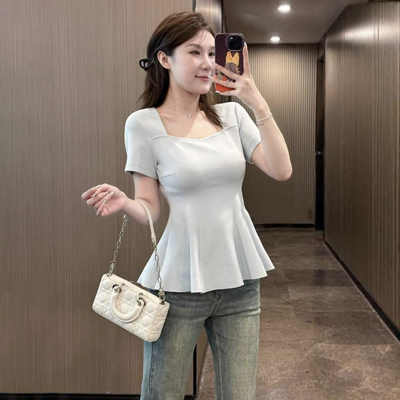 百搭方領正肩遮肚顯瘦魚尾短袖T恤-Cicimode