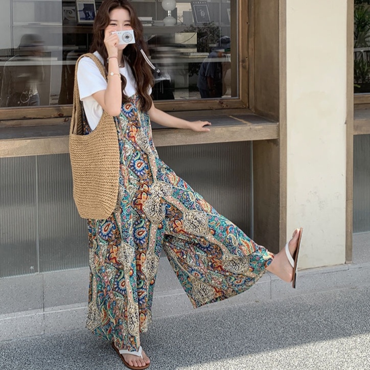【單件/套裝】法式復古波西米亞風闊腿背帶連體褲+短袖兩件套裝-Cicimode
