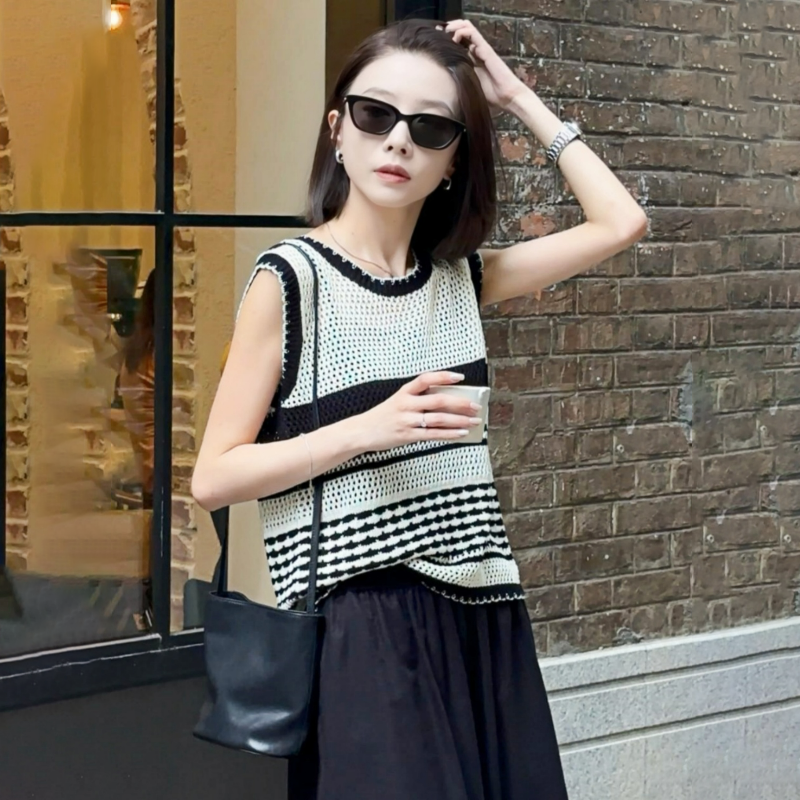 韓系設計感鏤空薄款撞色無袖針織背心-Cicimode