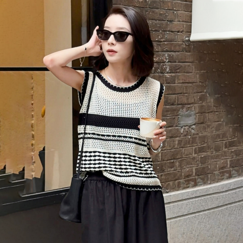 韓系設計感鏤空薄款撞色無袖針織背心-Cicimode
