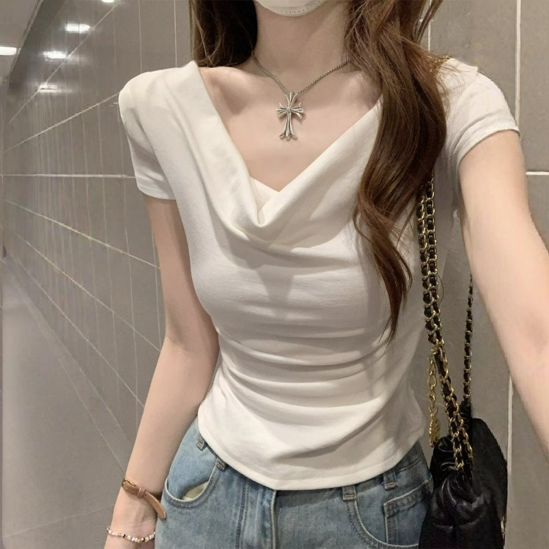 超顯瘦百搭氣質鎖骨一字肩蕩領短袖T恤-Cicimode