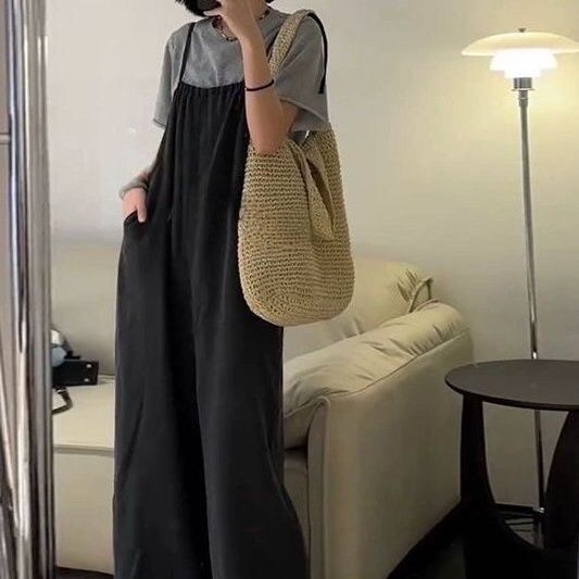 復古休閒百搭減齡寬鬆時尚直筒顯瘦背帶褲