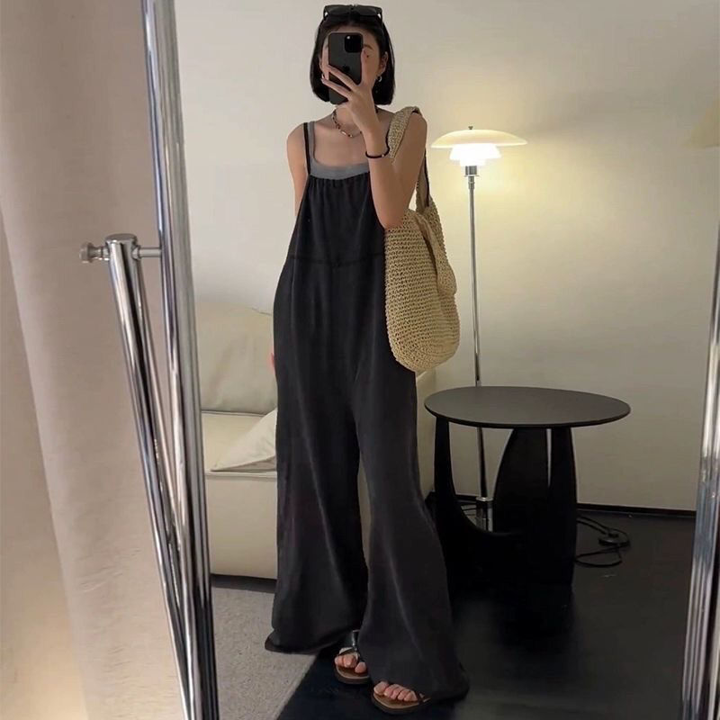 復古休閒百搭減齡寬鬆時尚直筒顯瘦背帶褲