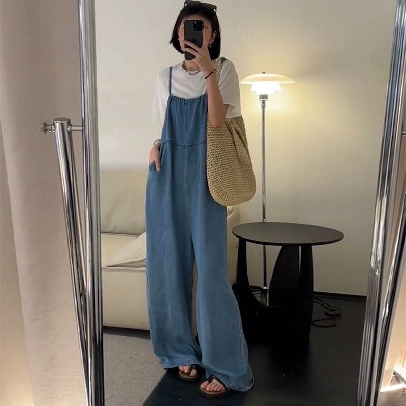 復古休閒百搭減齡寬鬆時尚直筒顯瘦背帶褲