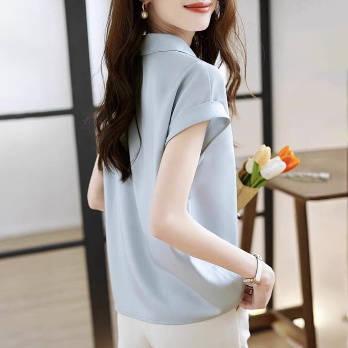 法式設計打底襯衣別緻氣質時尚短袖襯衫