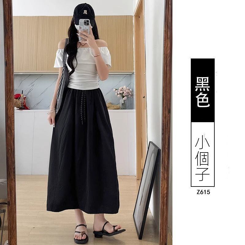 冰絲工裝高腰小個子寬鬆系帶A字半身裙-Cicimode