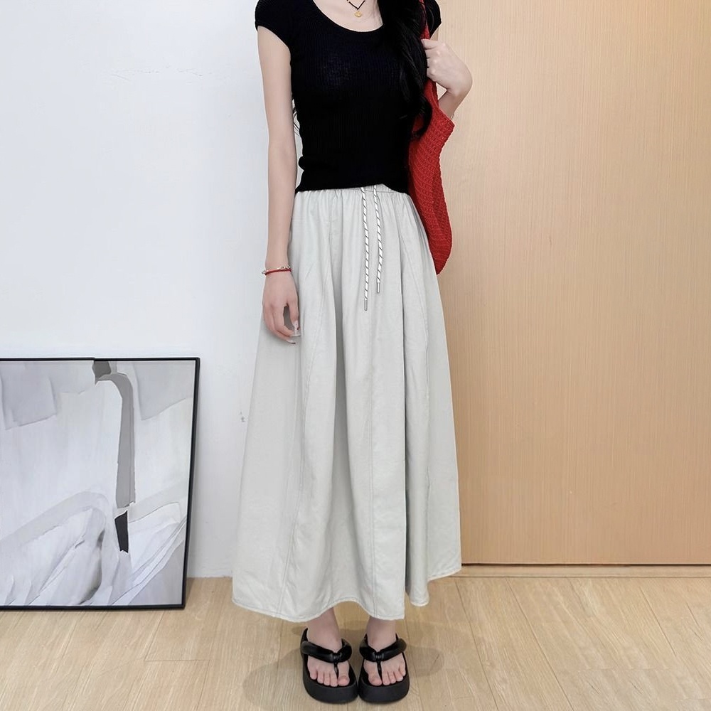 冰絲工裝高腰小個子寬鬆系帶A字半身裙-Cicimode