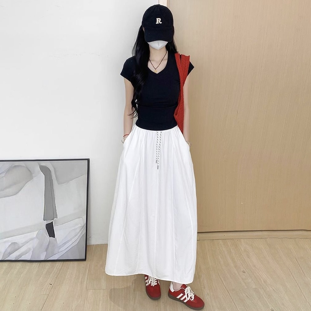 冰絲工裝高腰小個子寬鬆系帶A字半身裙-Cicimode