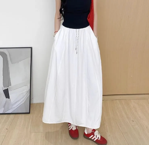 冰絲工裝高腰小個子寬鬆系帶A字半身裙-Cicimode