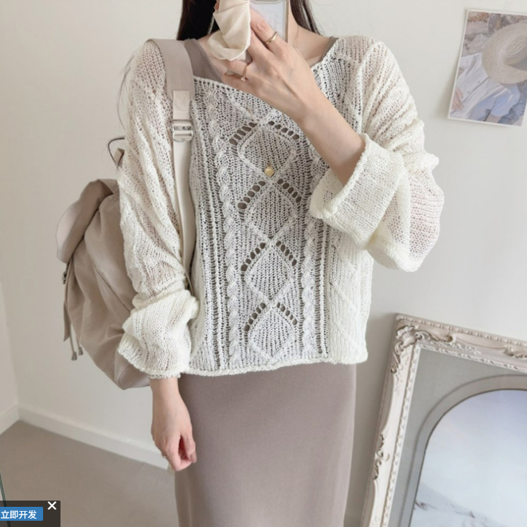 一字露肩麻花薄款鏤空長袖罩衫針織衫-Cicimode