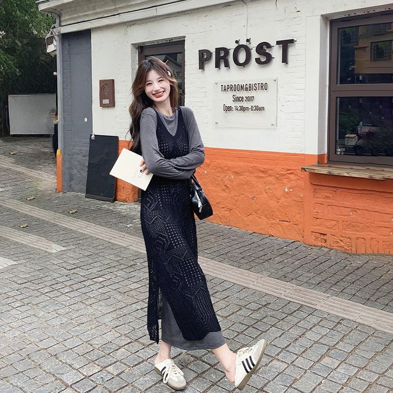 【單件/套裝】氛圍感疊穿鏤空罩衫+慵懶寬鬆連身裙兩件套裝-Cicimode