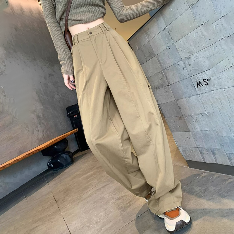 美式高腰顯瘦寬鬆休閒運動工裝闊腿褲-Cicimode