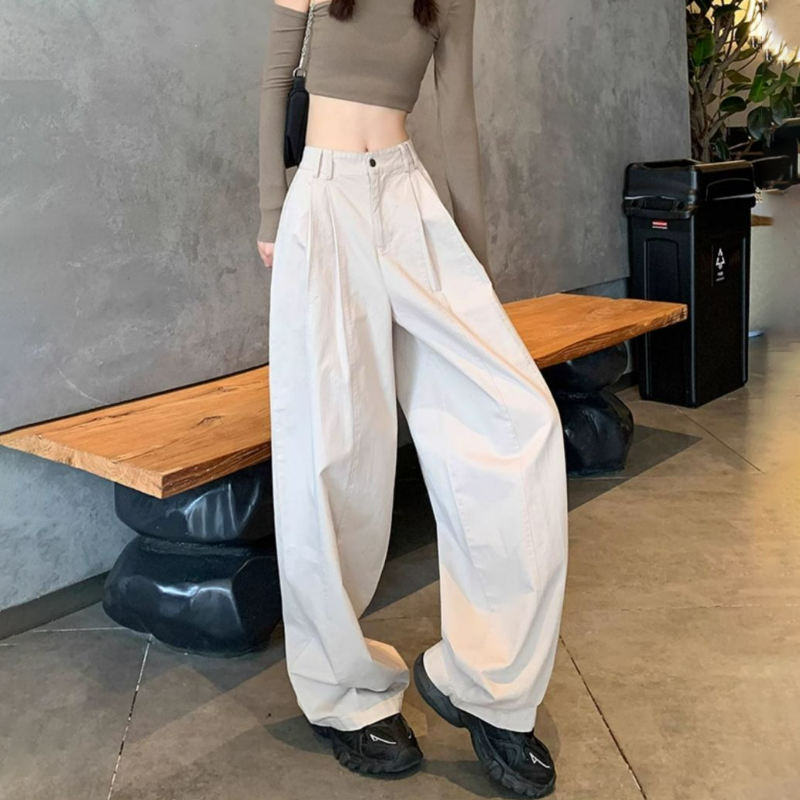 美式高腰顯瘦寬鬆休閒運動工裝闊腿褲-Cicimode