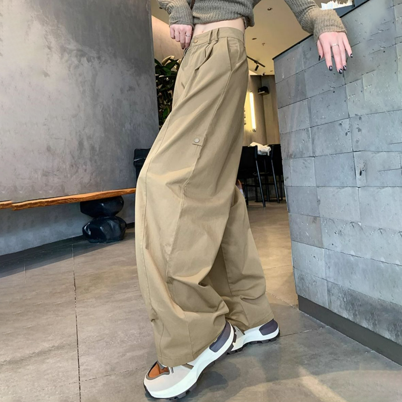 美式高腰顯瘦寬鬆休閒運動工裝闊腿褲-Cicimode