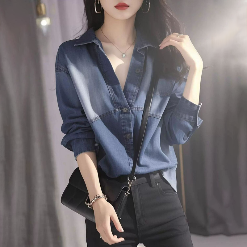 獨特別緻寬松顯瘦高級感長袖藍色牛仔襯衫-Cicimode