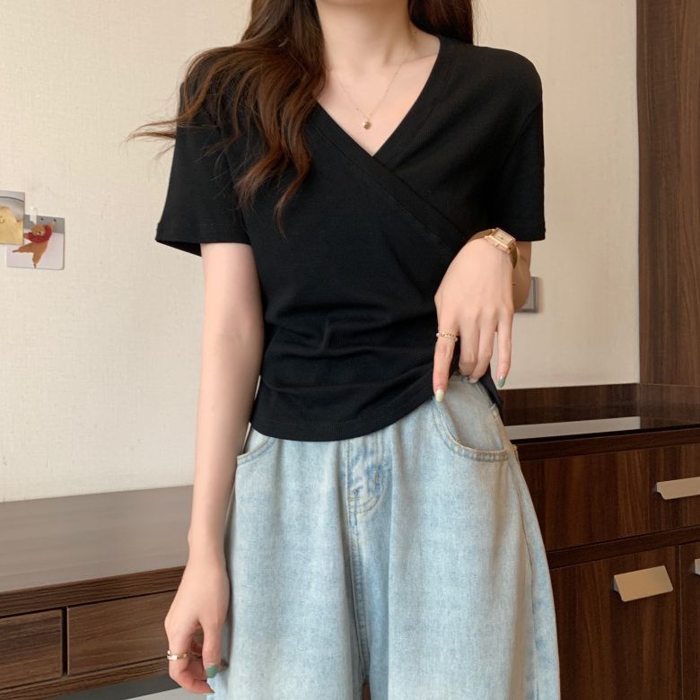 正肩純棉設計感交叉修身顯瘦短袖T恤-Cicimode