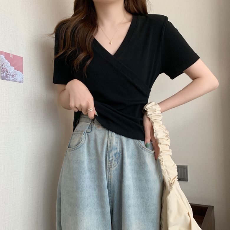 正肩純棉設計感交叉修身顯瘦短袖T恤-Cicimode