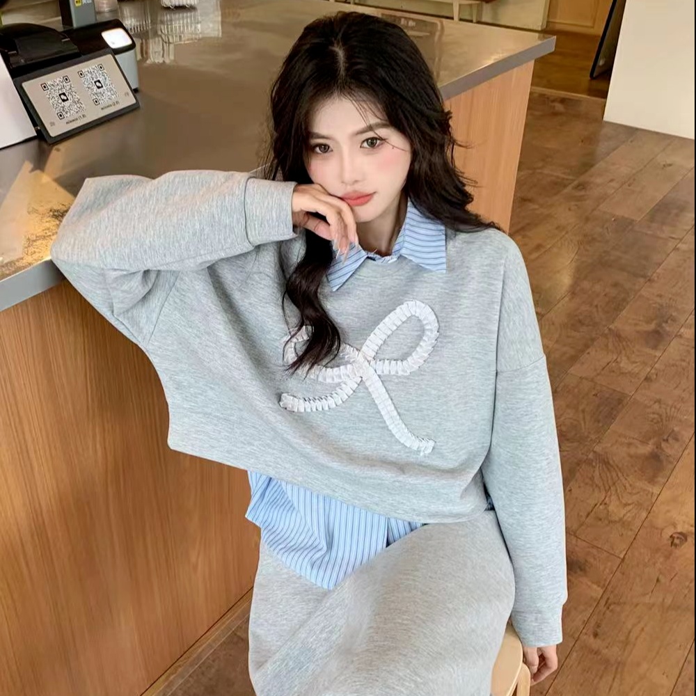 【整套】POLO領條紋拼接長袖衛衣+高腰包臀半裙兩件套裝-Cicimode