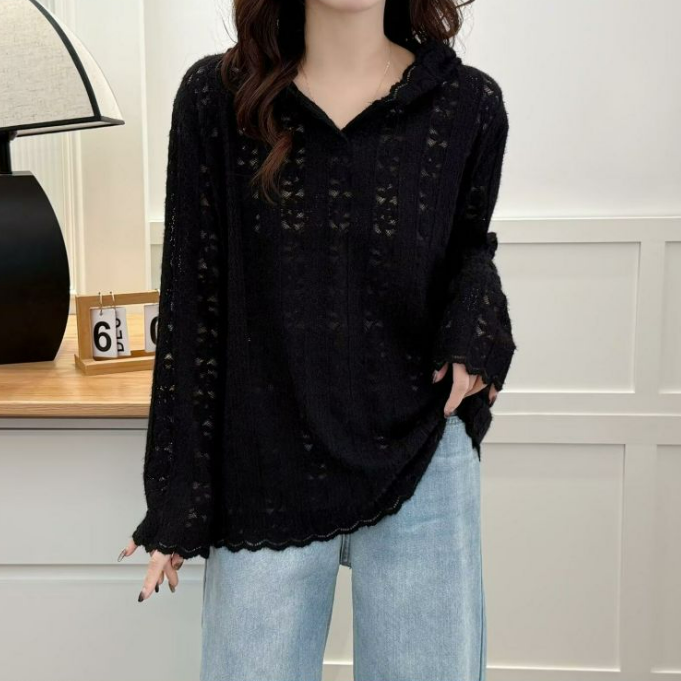 洋氣立體鉤花軟蕾絲寬鬆大碼連帽打底長袖-Cicimode