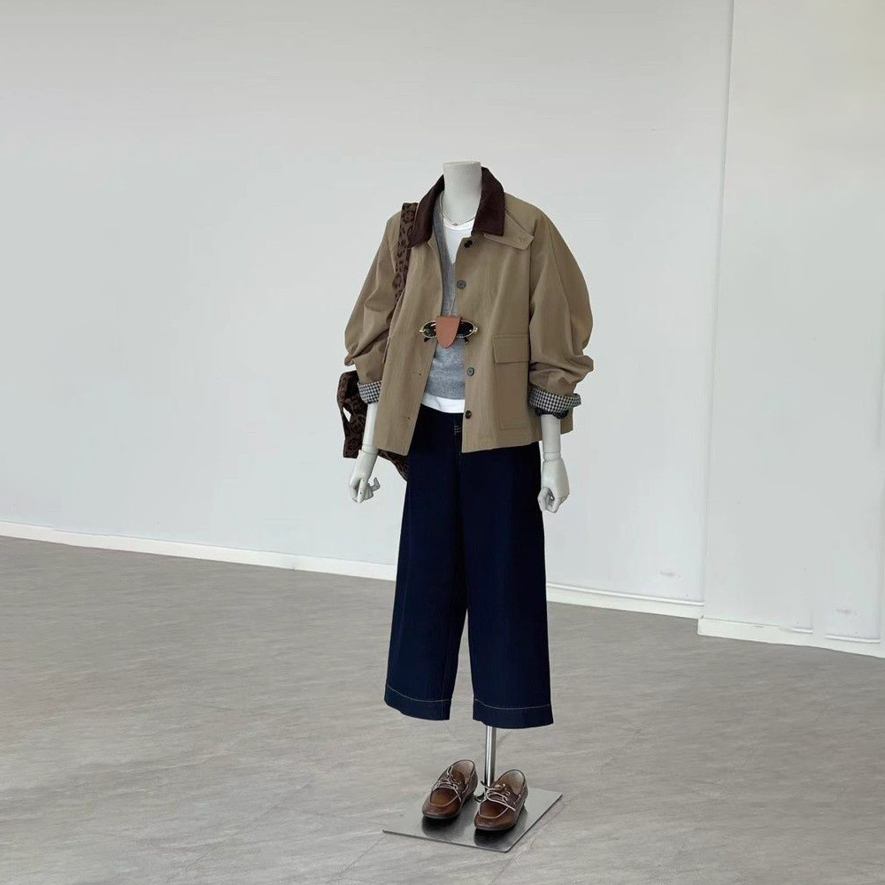 韓系復古小眾設計感撞色格紋拼接風衣外套-Cicimode