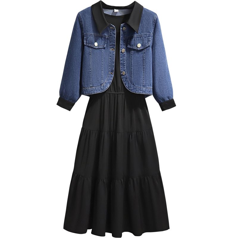 【單件/套裝】小香風牛仔外套+黑色背心連身裙兩件套裝-Cicimode