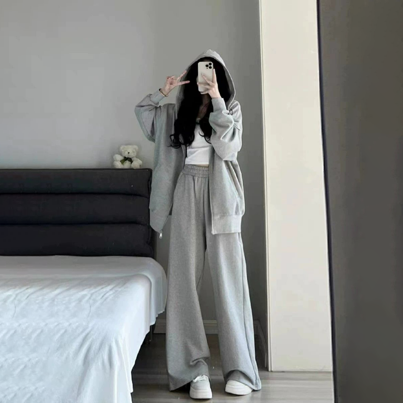 【整套】慵懶風連帽開衫+寬鬆休閑運動褲兩件套裝-Cicimode