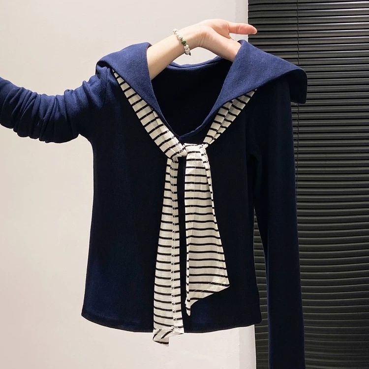 海軍領條紋領帶拼接修身顯瘦長袖T恤-Cicimode