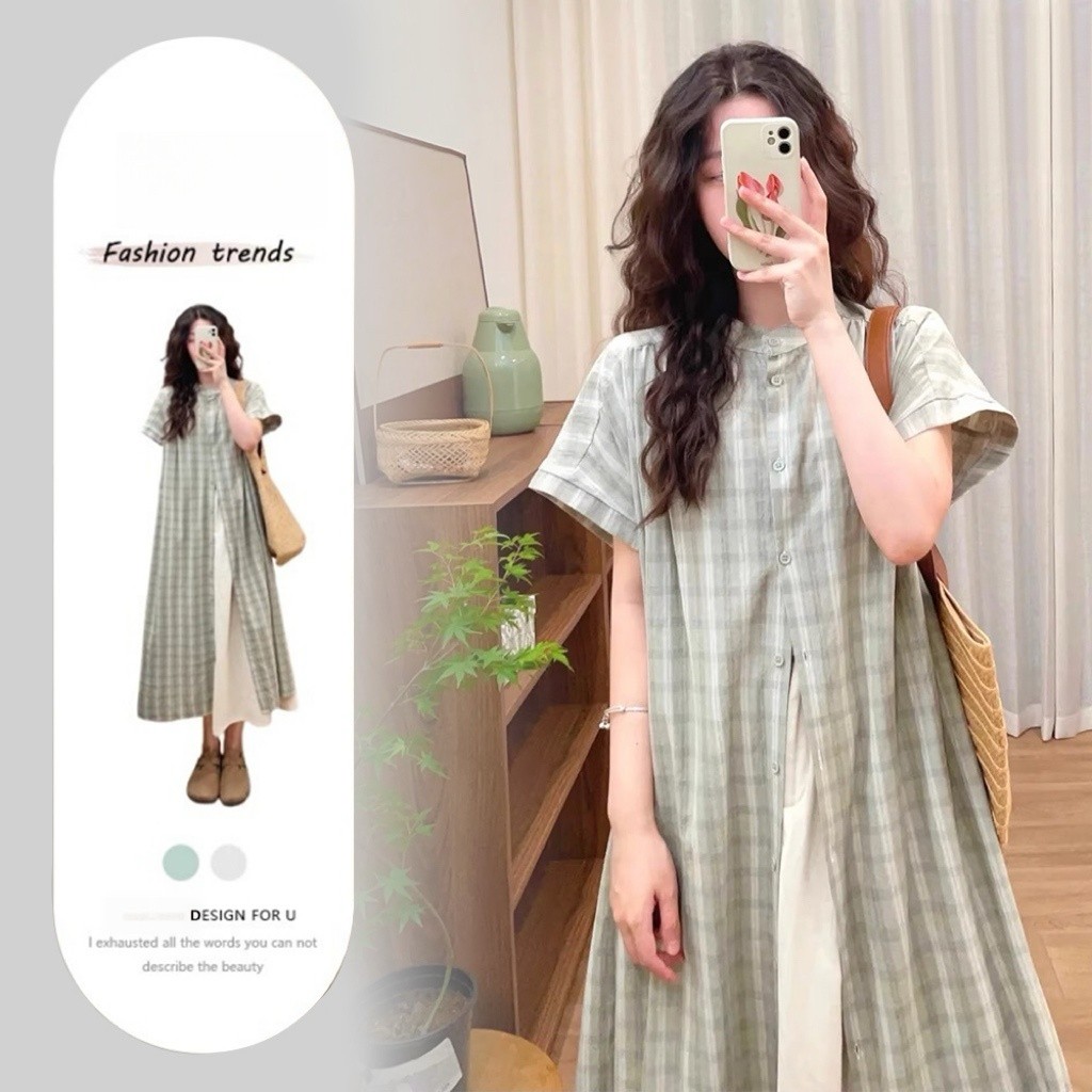 【單件】溫柔復古中長款格紋襯衫連身裙+寬鬆氣質半身裙兩件套裝-Cicimode