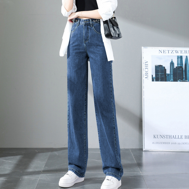 復古藍高腰顯瘦大碼寬鬆百搭闊腿牛仔褲-Cicimode