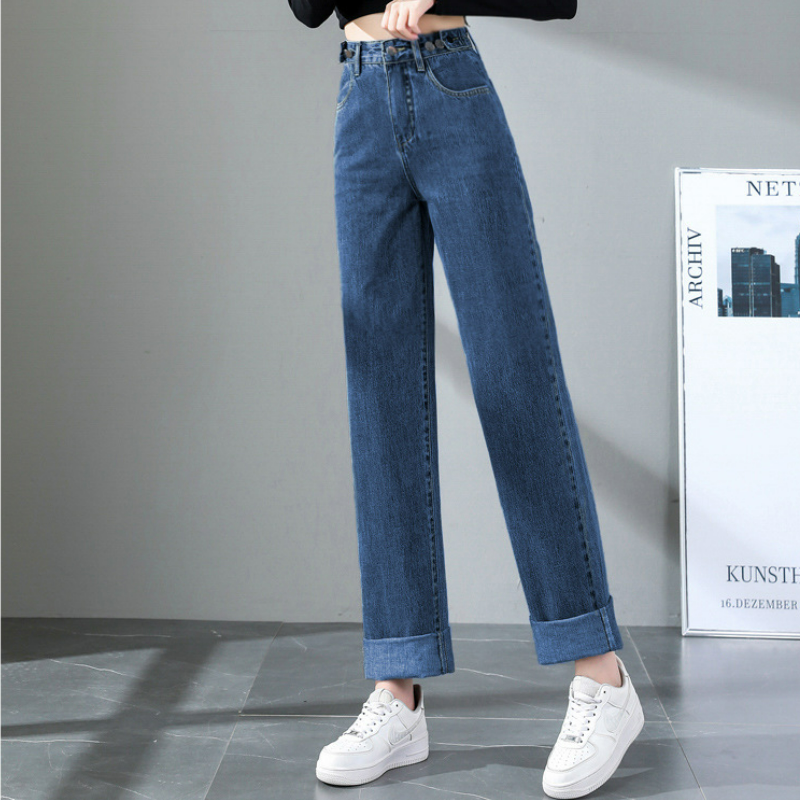 復古藍高腰顯瘦大碼寬鬆百搭闊腿牛仔褲-Cicimode