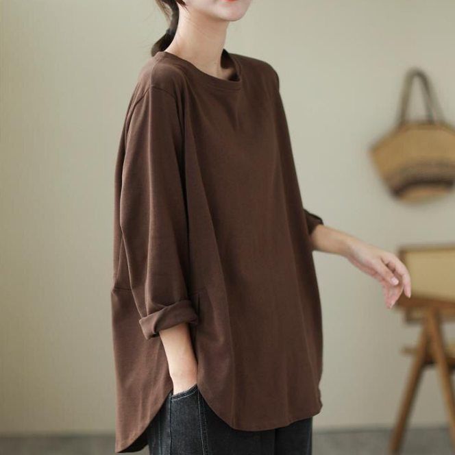 寬鬆大碼顯瘦純色打底休閒純棉長袖-Cicimode