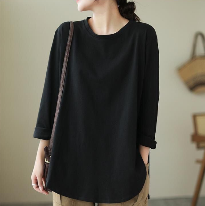 寬鬆大碼顯瘦純色打底休閒純棉長袖-Cicimode