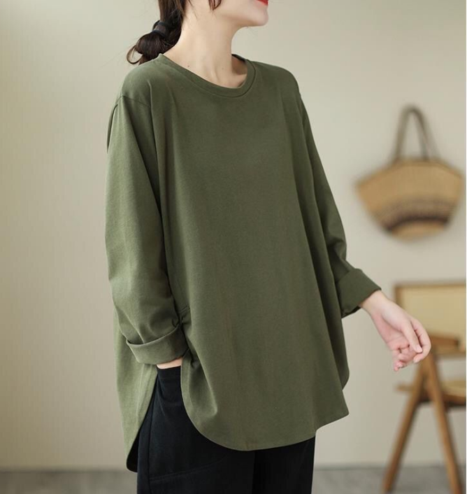 寬鬆大碼顯瘦純色打底休閒純棉長袖-Cicimode