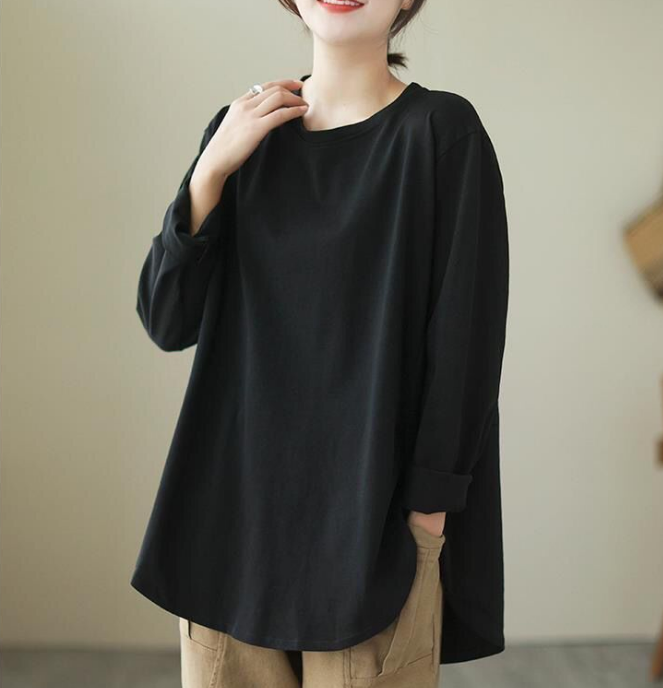 寬鬆大碼顯瘦純色打底休閒純棉長袖-Cicimode