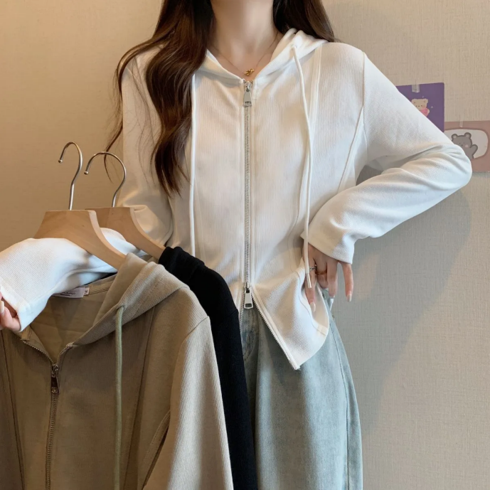 韓版顯瘦雙拉鍊不規則連帽寬鬆長袖T恤-Cicimode