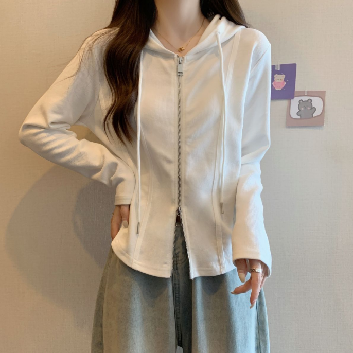 韓版顯瘦雙拉鍊不規則連帽寬鬆長袖T恤-Cicimode