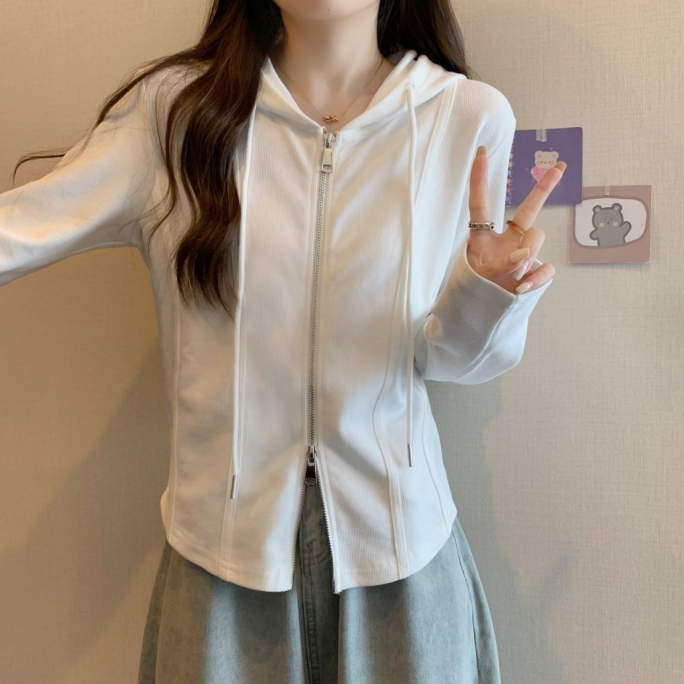 韓版顯瘦雙拉鍊不規則連帽寬鬆長袖T恤-Cicimode